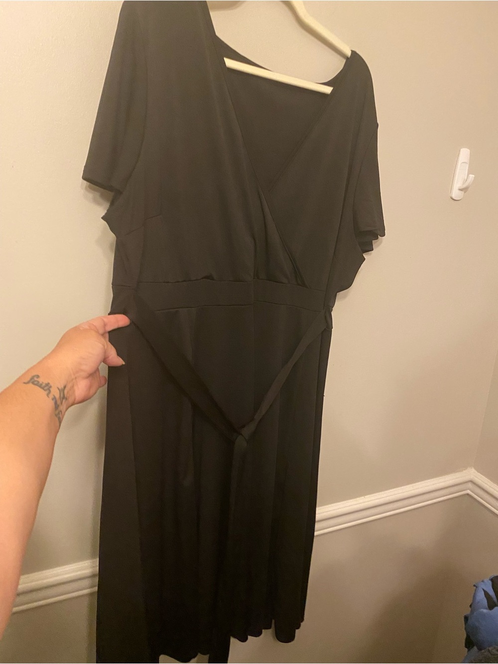 Women’s Black Midi Wrap Dress with Waist Tie